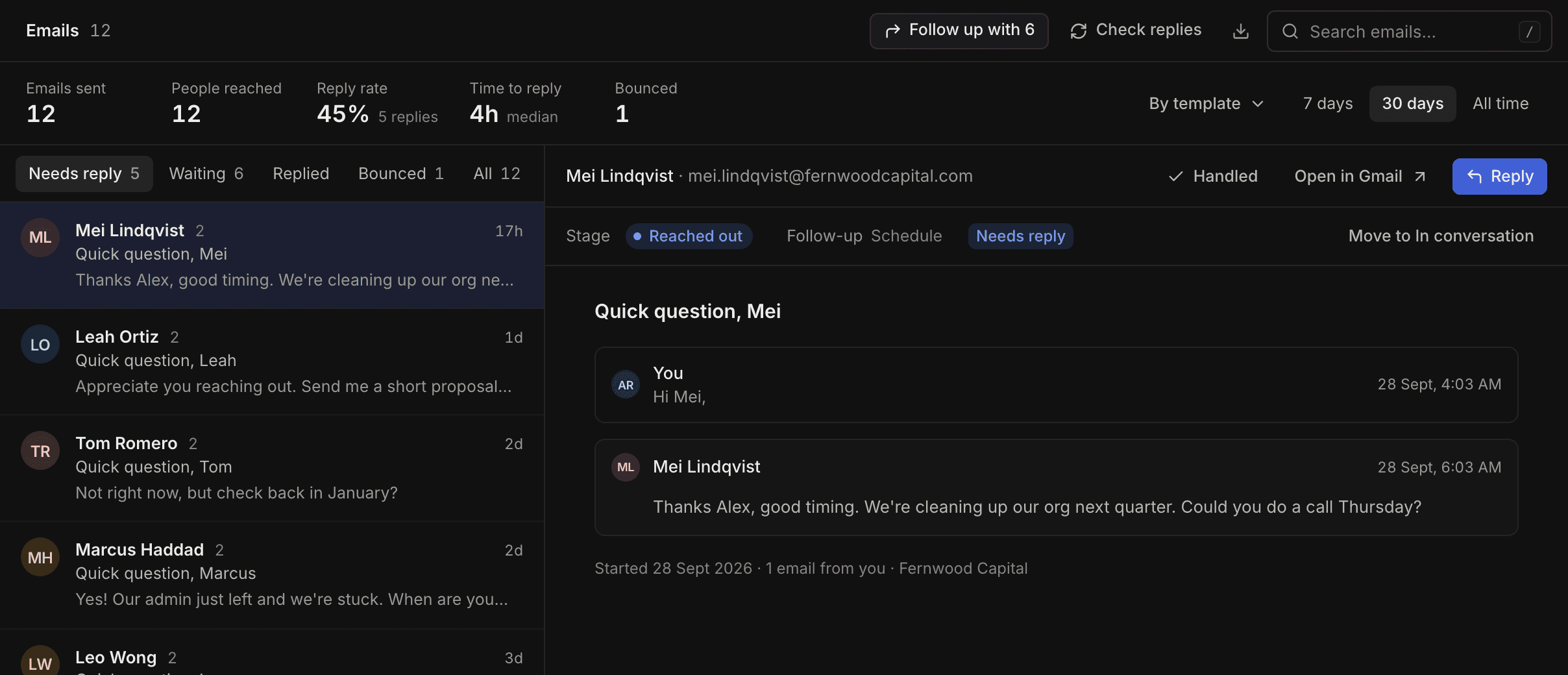 The Emails page showing conversations needing a reply and reply rate