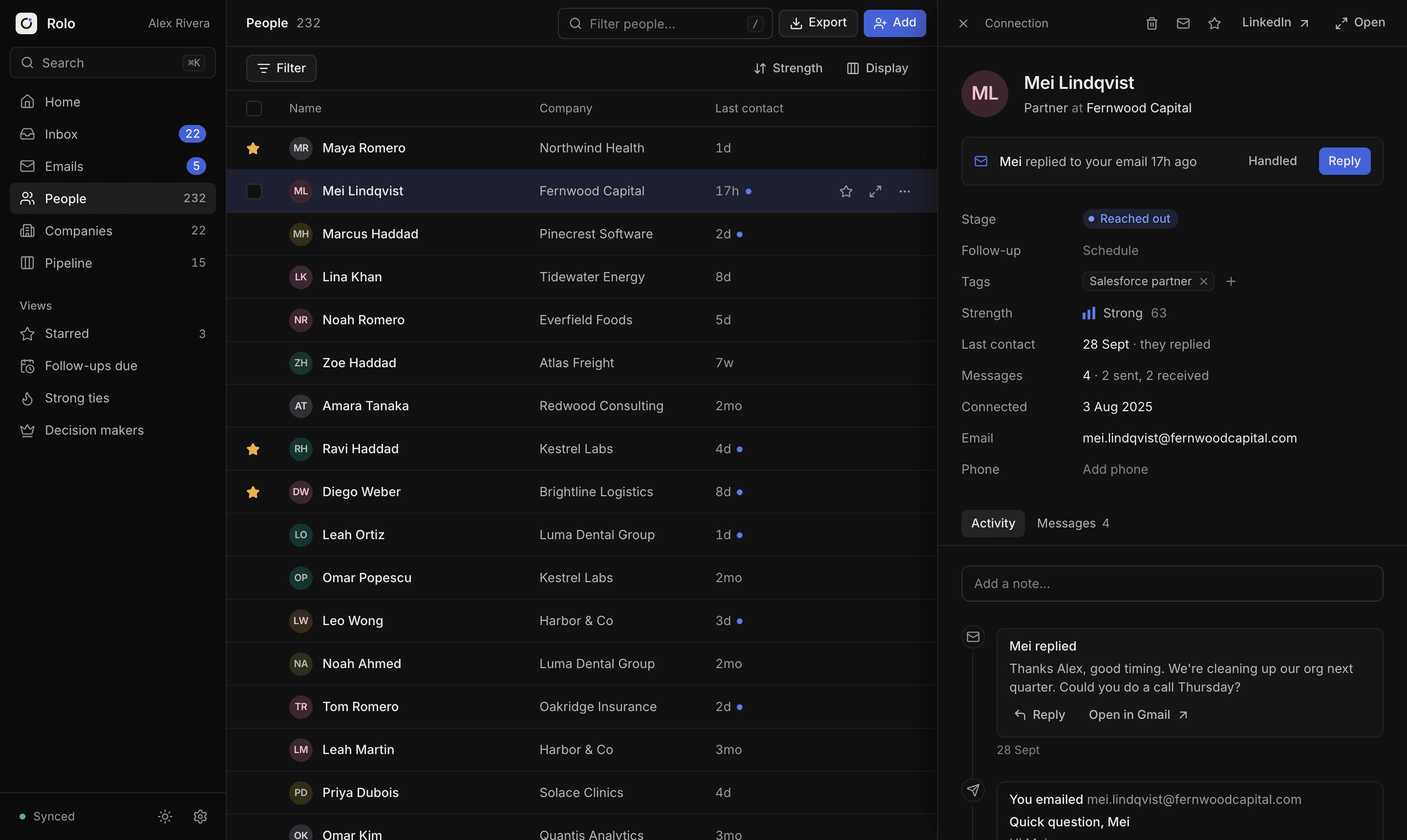 Rolo's people list with one person open, showing their stage, tags and email thread
