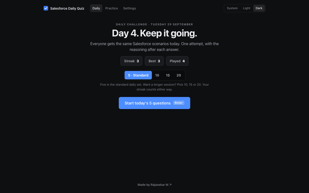 The daily challenge start screen