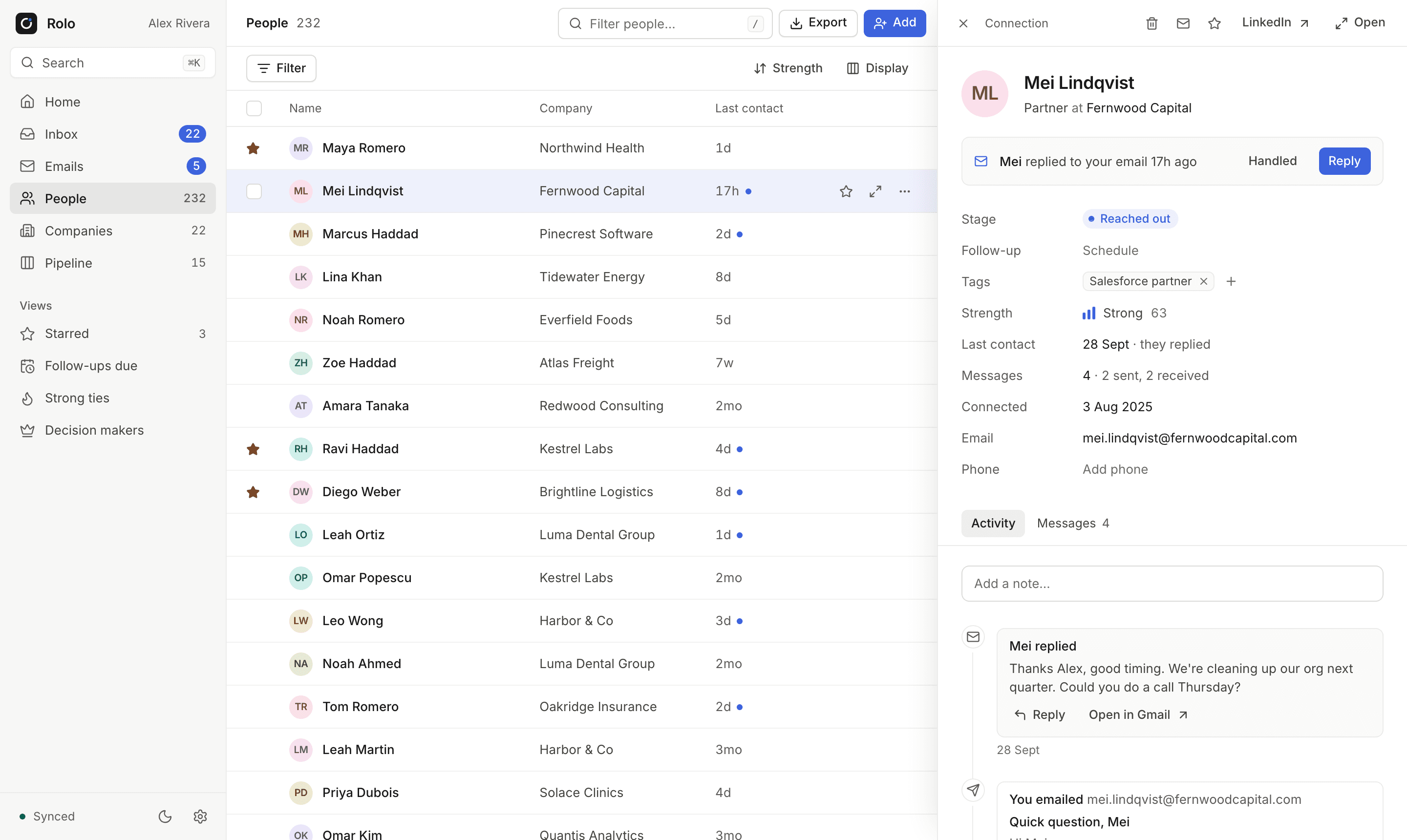 Rolo's people list with one person open, showing their stage, tags and email thread